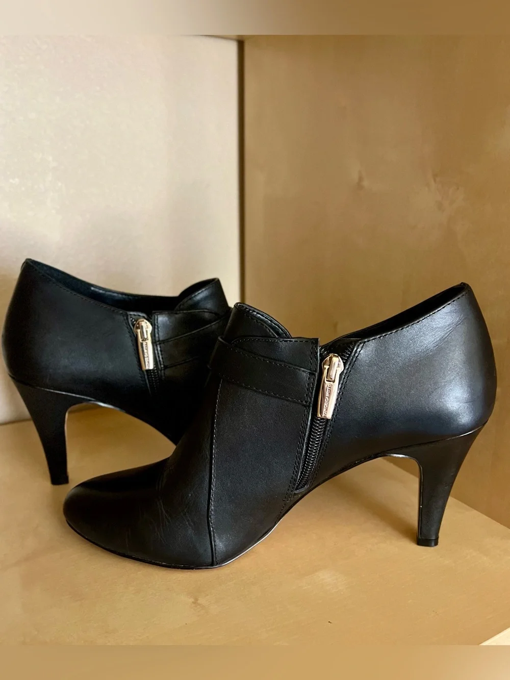Vince Camuto Vonilesa Black Leather Ankle Stiletto Booties with Gold Buckle